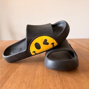 Black Slide Sandals with Yellow Smiley